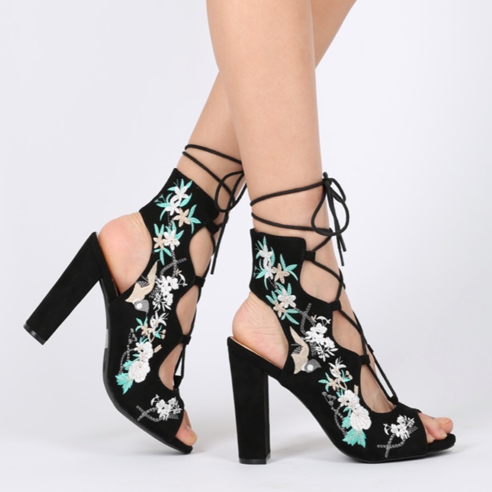 NWOB Faux Suede Peep Toe Embroidered Heel Bootie